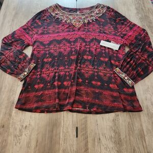 Soft Surroundings Women's Aztec Southwestern Beaded Embroidered Red/Black 3x NWT